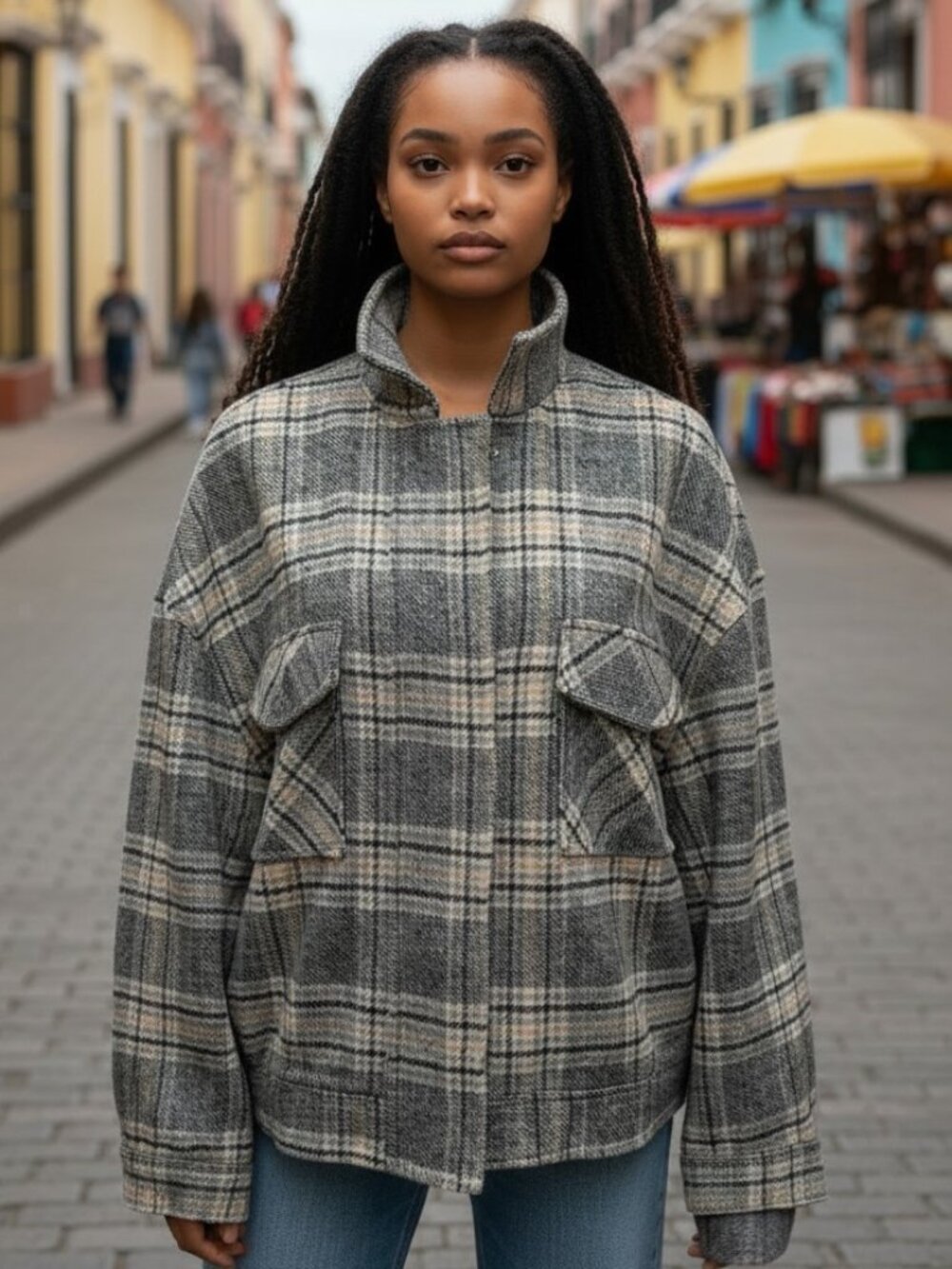 NWT FASHION ON EARTH ( LG ) Flannel/Wool Plaid Zip Up Snap Bomber Jacket